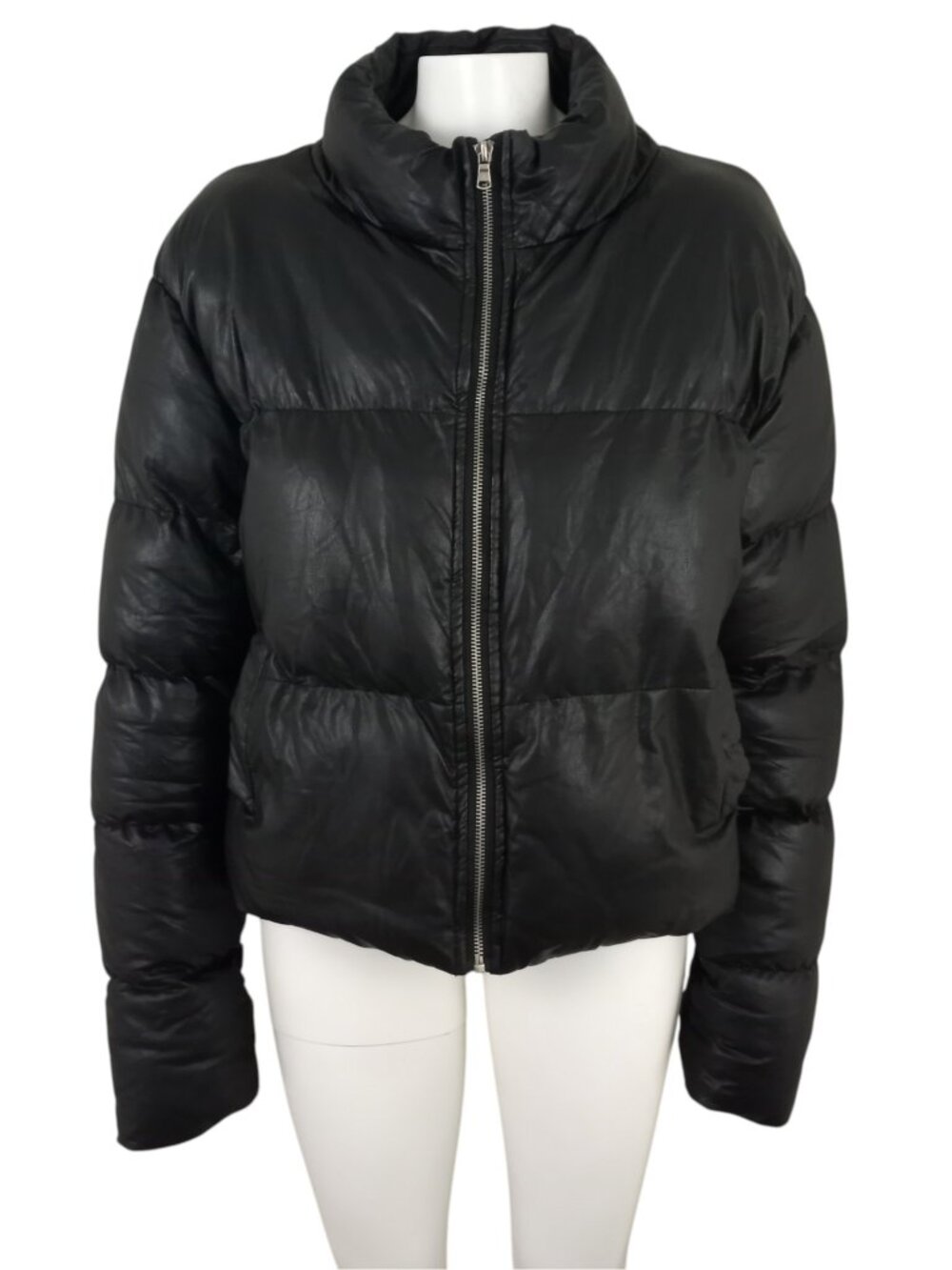 Double Zero Black Puffer Jacket sz Large High Neck Full Zip Glossy Finish